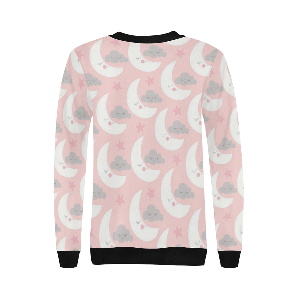 Cute moon cloud star pattern pink dot background Women's Crew Neck Sweatshirt