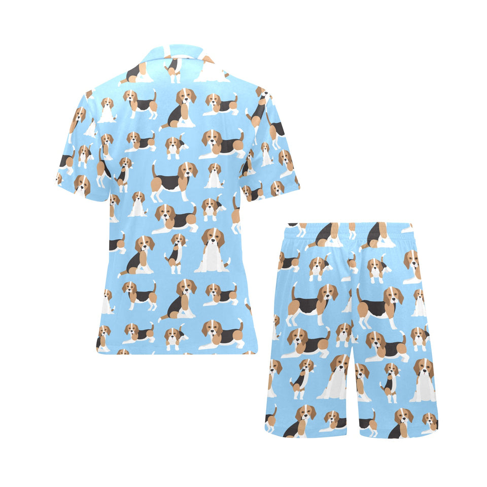Beagle dog blue background pattern Men's V-Neck Short Pajama Set