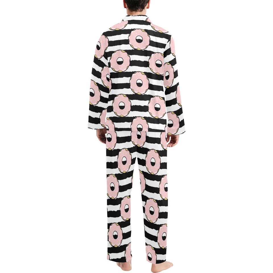 Donuts pink icing striped pattern Men's Long Pajama Set