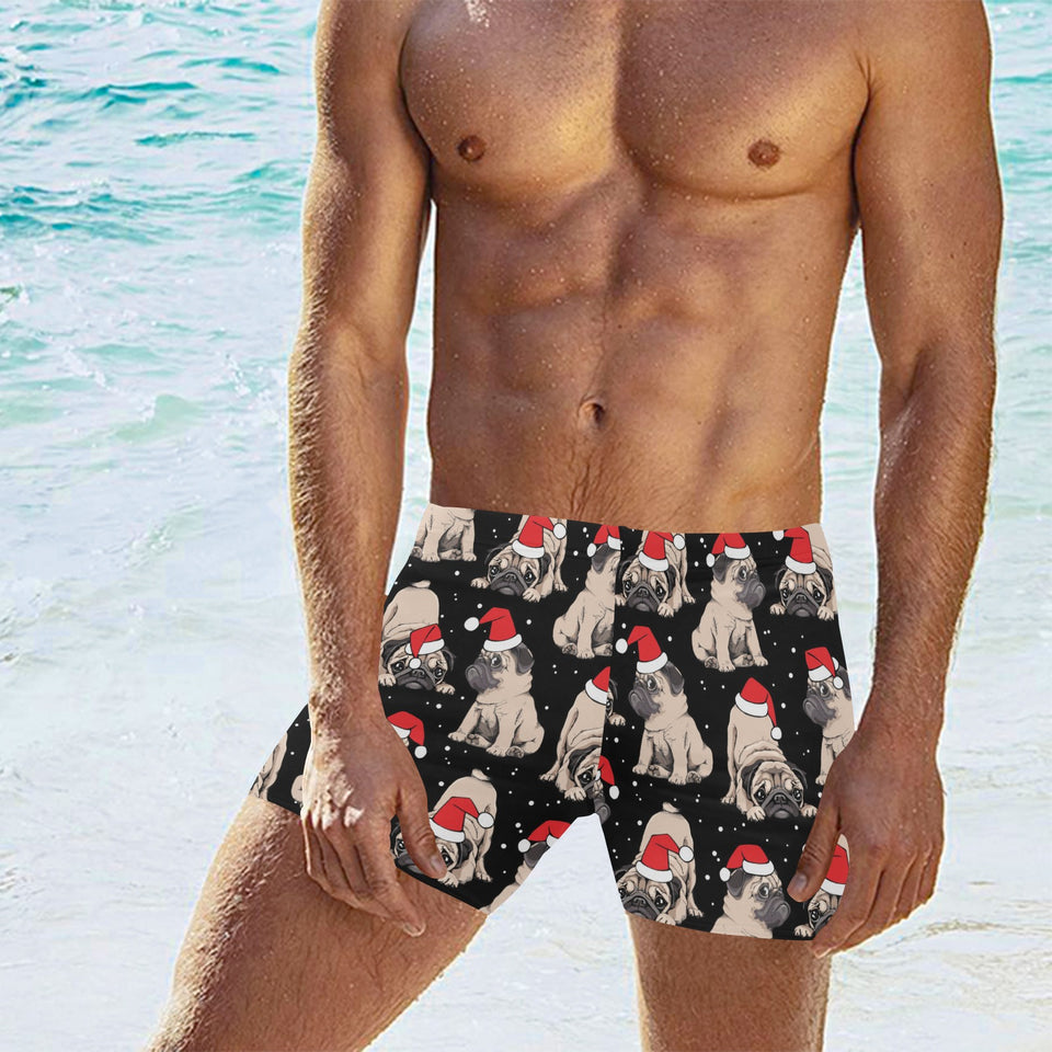 Christmas Pugs Santa_s red cap pattern Men's Swimming Trunks