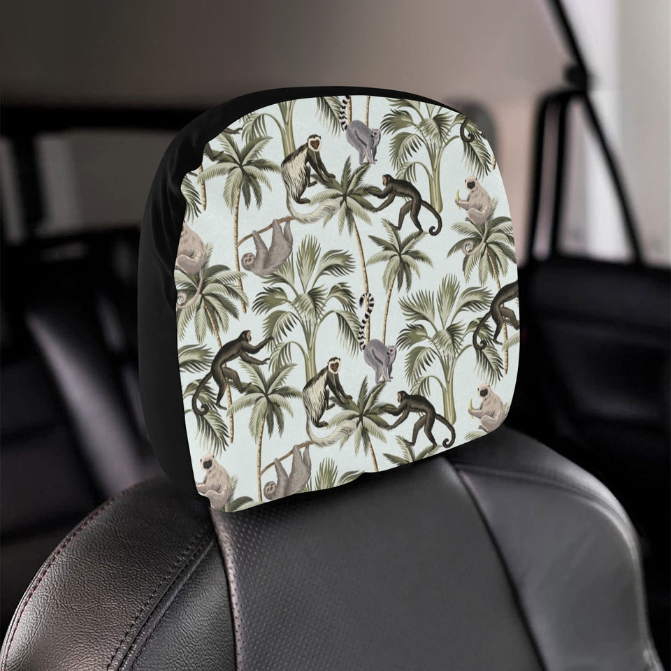 Monkey sloth lemur palm trees pattern Car Headrest Cover