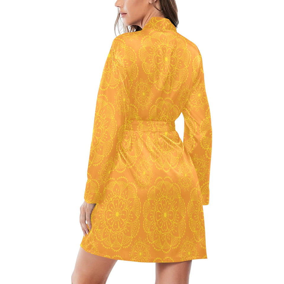 Orange traditional indian element pattern Women's Long Sleeve Belted Night Robe