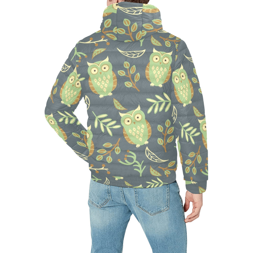 Cute owls leaves pattern Men's Padded Hooded Jacket