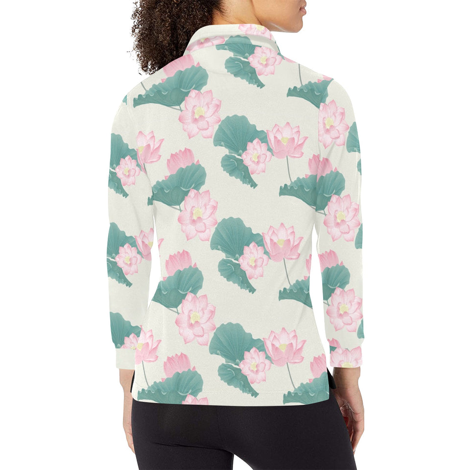 Pink lotus waterlily leaves pattern Women's Long Sleeve Polo Shirt