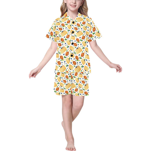Pancake Pattern Print Design 02 Kids' Boys' Girls' V-Neck Short Pajama Set