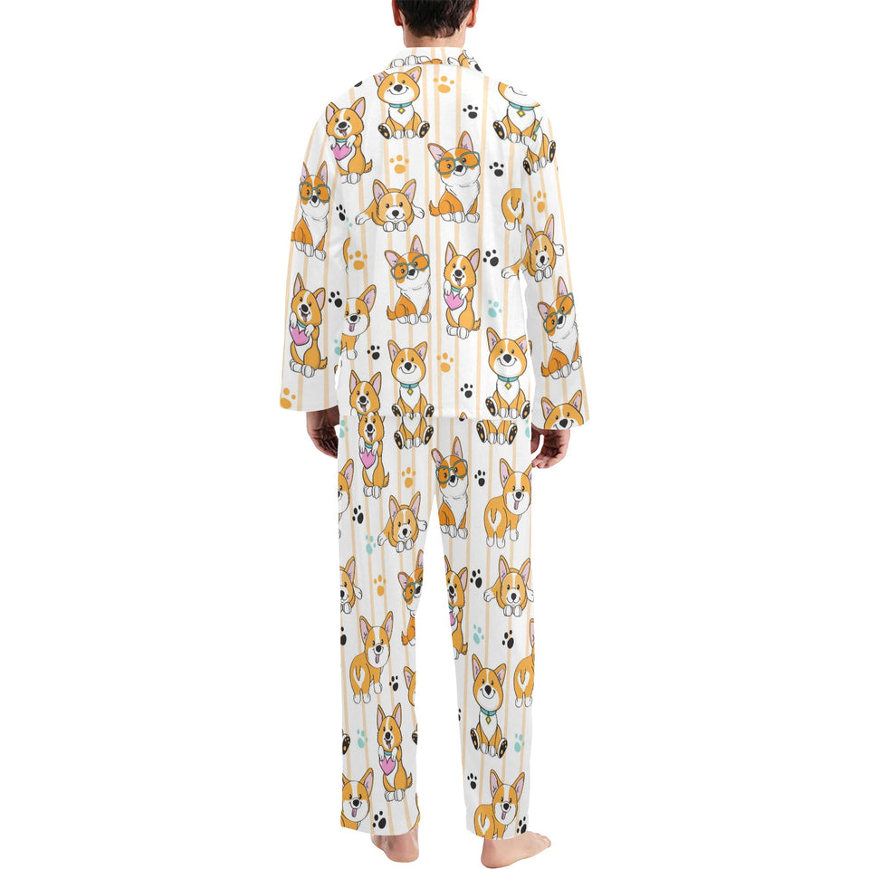 Cute dog corgi striped background pattern Men's Long Pajama Set