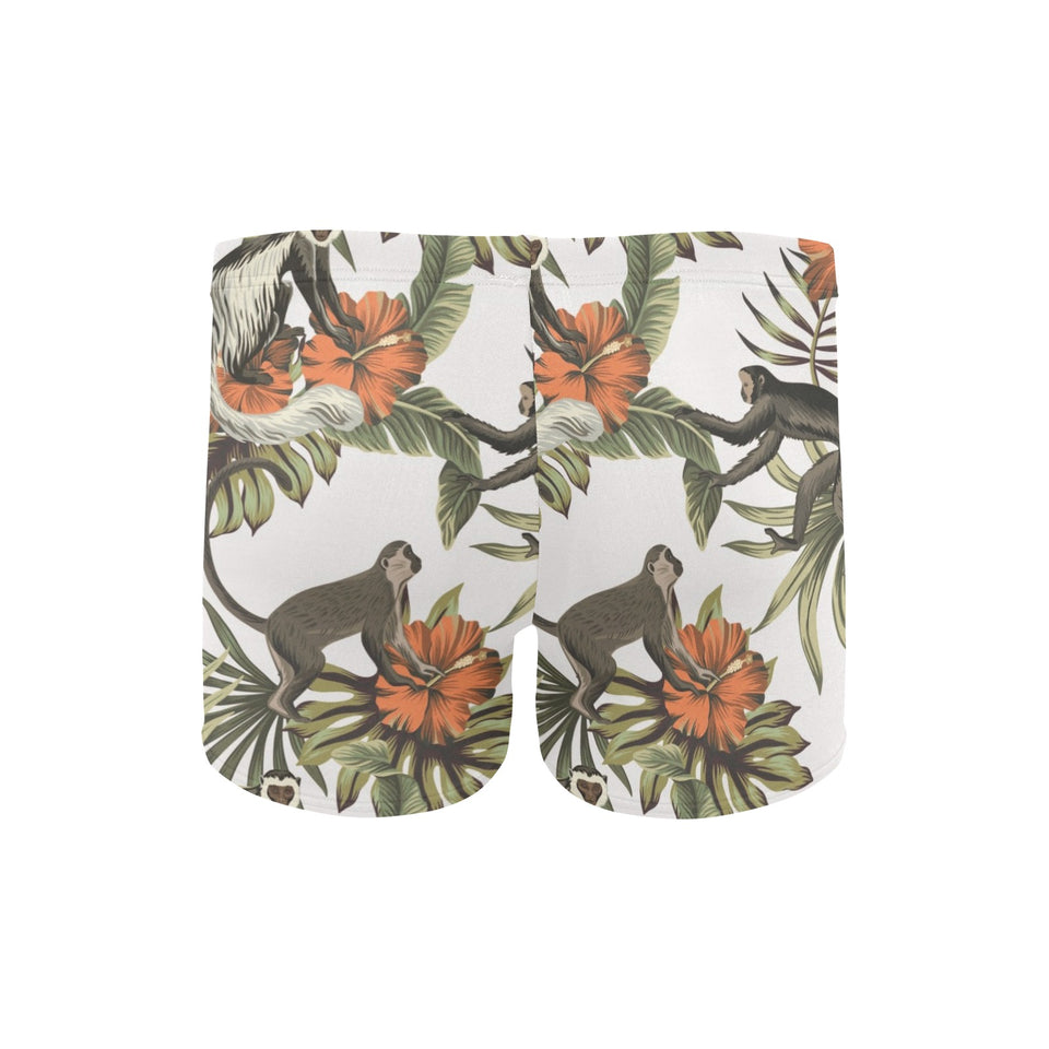Monkey red hibiscus flower palm leaves floral patt Men's Swimming Trunks