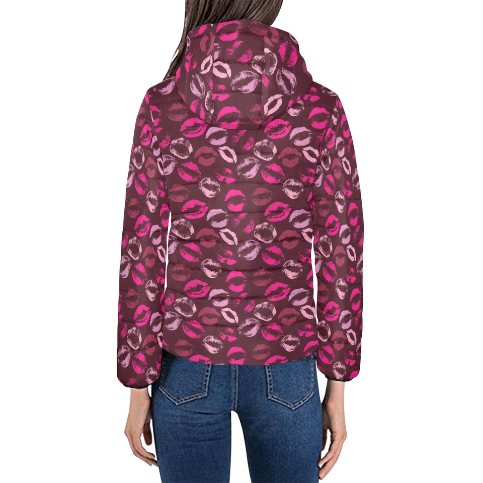 Lips Pattern Print Design 03 Women's Padded Hooded Jacket