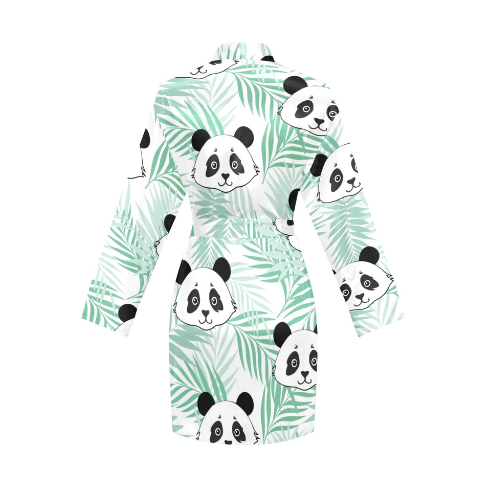Panda pattern tropical leaves background Women's Long Sleeve Belted Night Robe