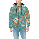 cute brown sea otters ornamental seaweed corals gr Men's Padded Hooded Jacket
