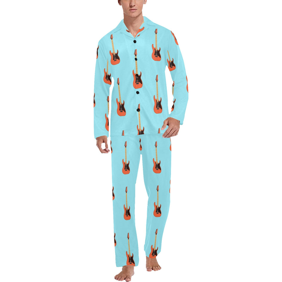 electric guitar pattern light blue background Men's Long Pajama Set