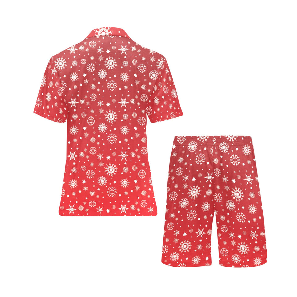 Snowflake pattern red background Men's V-Neck Short Pajama Set