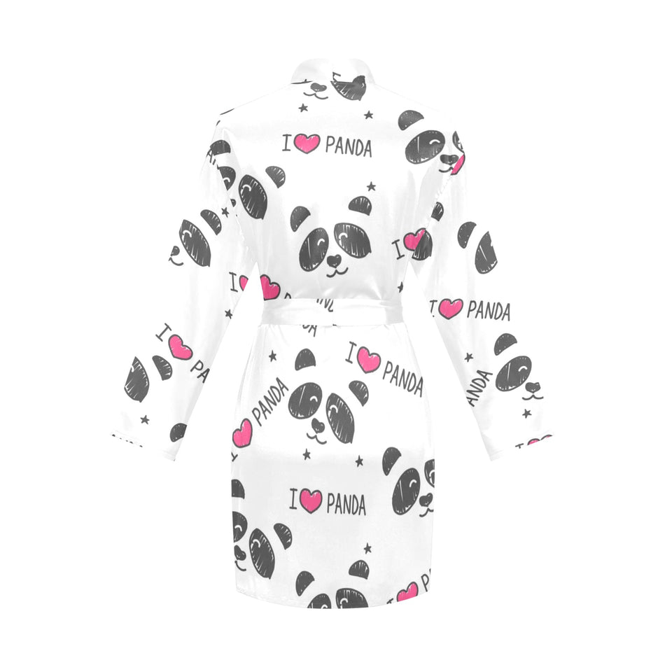 Hand Drawn faces of pandas pattern Women's Long Sleeve Belted Night Robe