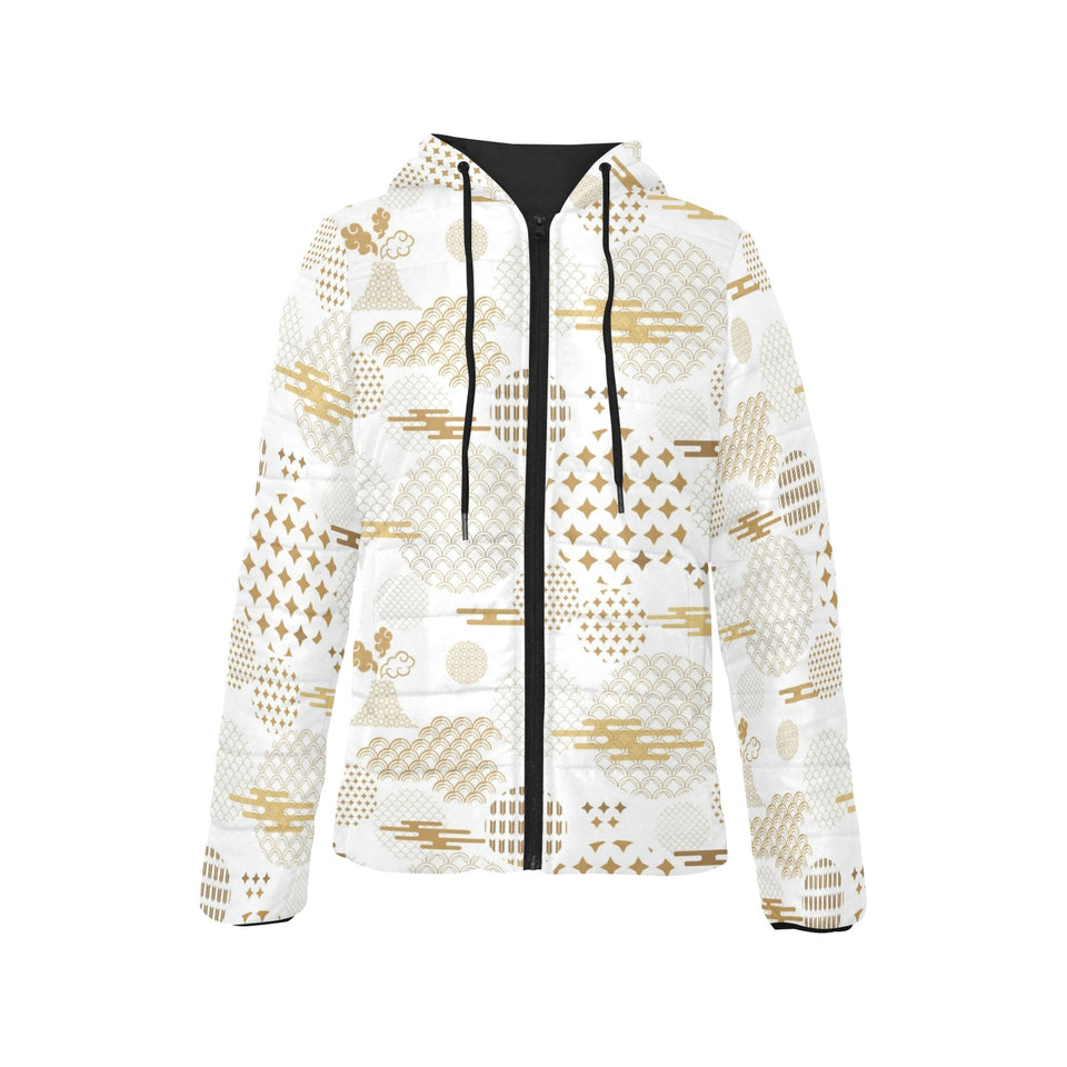Beautiful gold japanese pattern Women's Padded Hooded Jacket