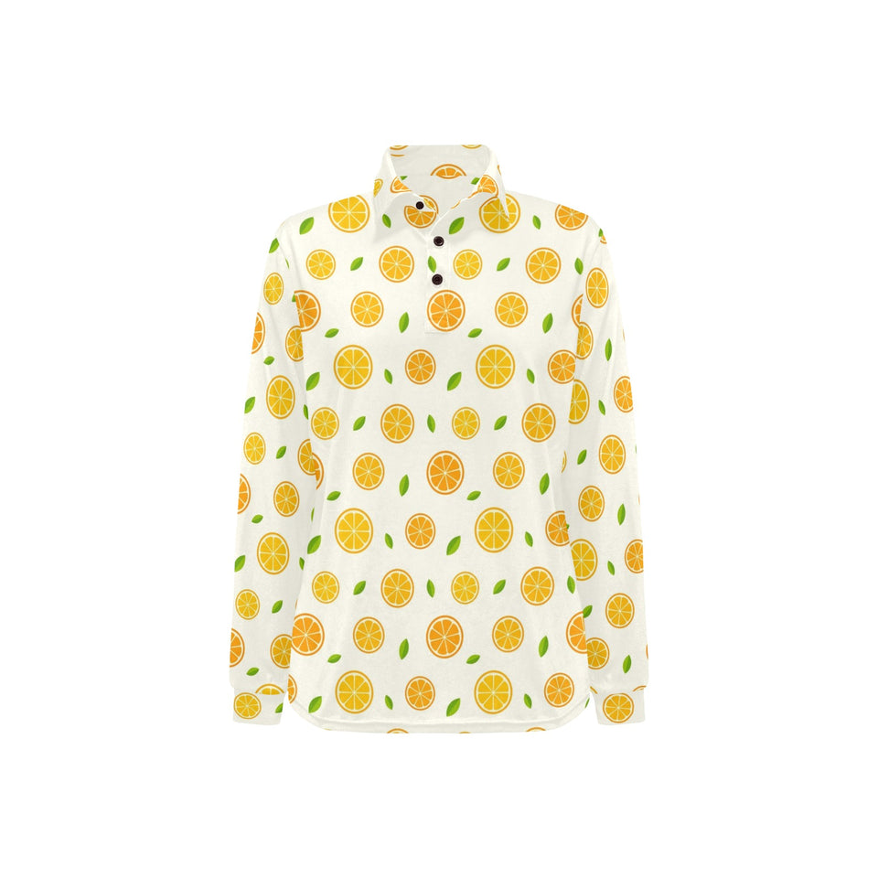oranges leaves pattern Women's Long Sleeve Polo Shirt