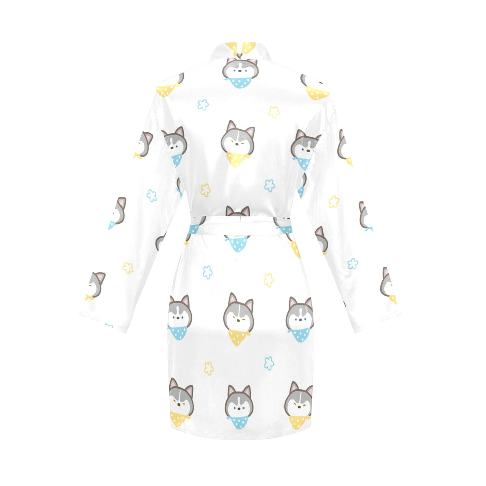 Cute Siberian Husky pattern Women's Long Sleeve Belted Night Robe