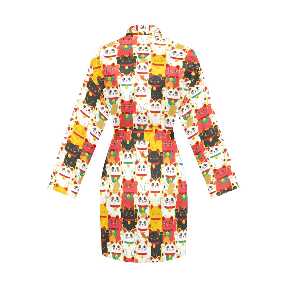 Colorful Maneki neko cat pattern Women's Long Sleeve Belted Night Robe