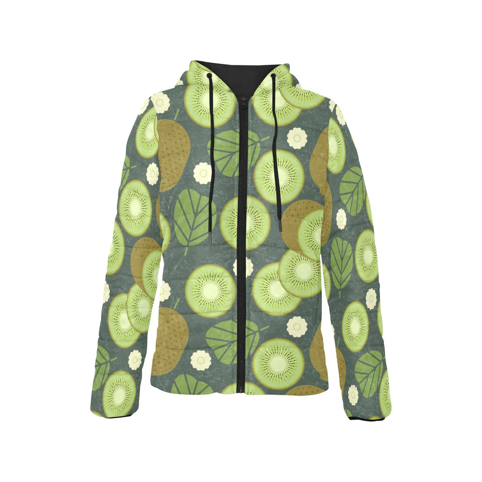 Whole sliced kiwi leave and flower Women's Padded Hooded Jacket