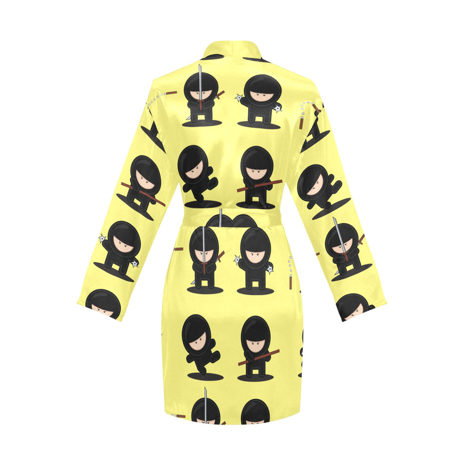 Cute ninja yellow background Women's Long Sleeve Belted Night Robe