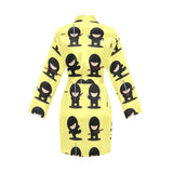 Cute ninja yellow background Women's Long Sleeve Belted Night Robe
