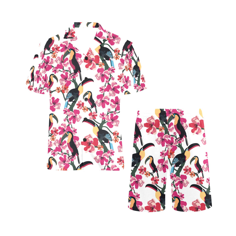 Toucan flower design pattern Men's V-Neck Short Pajama Set