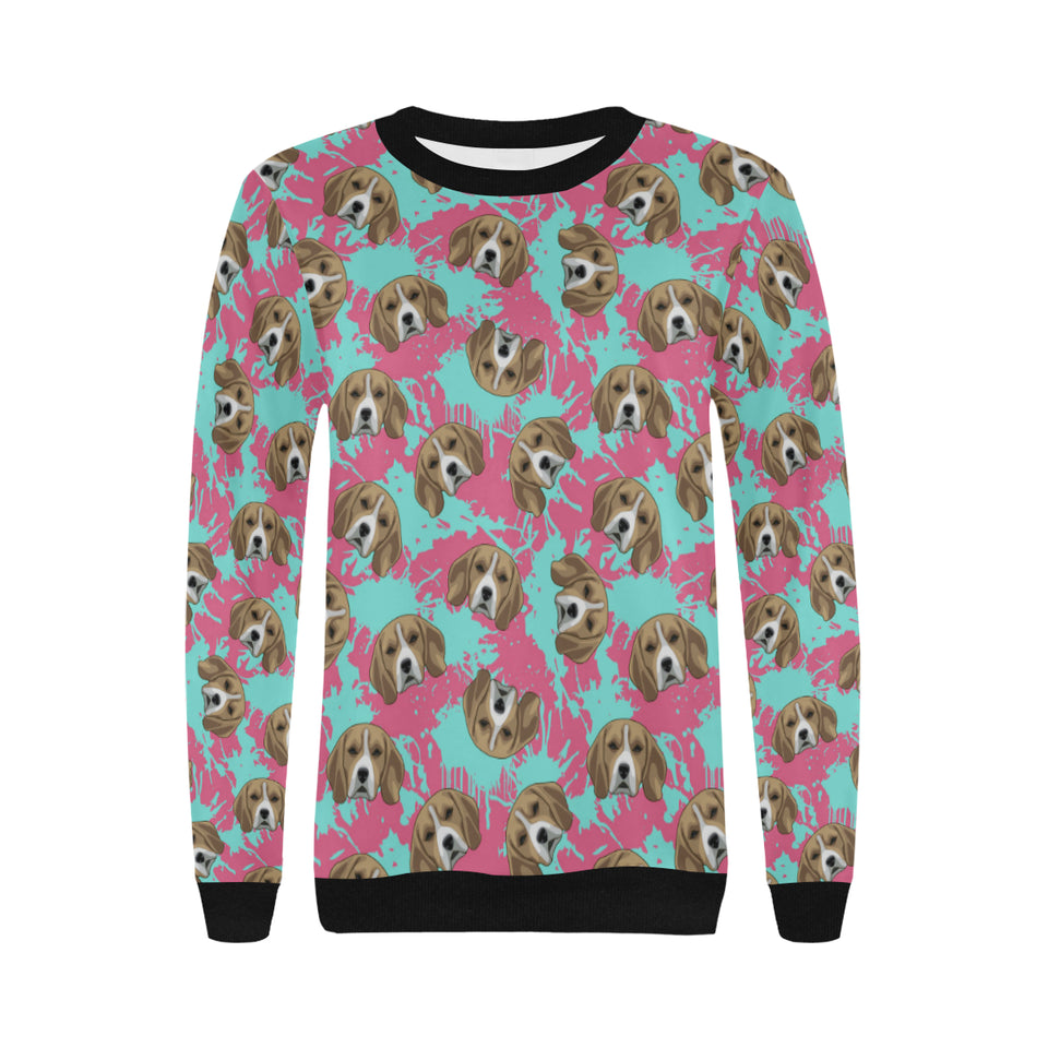 Beagle muzzles turquoise paint splashes pink patte Women's Crew Neck Sweatshirt