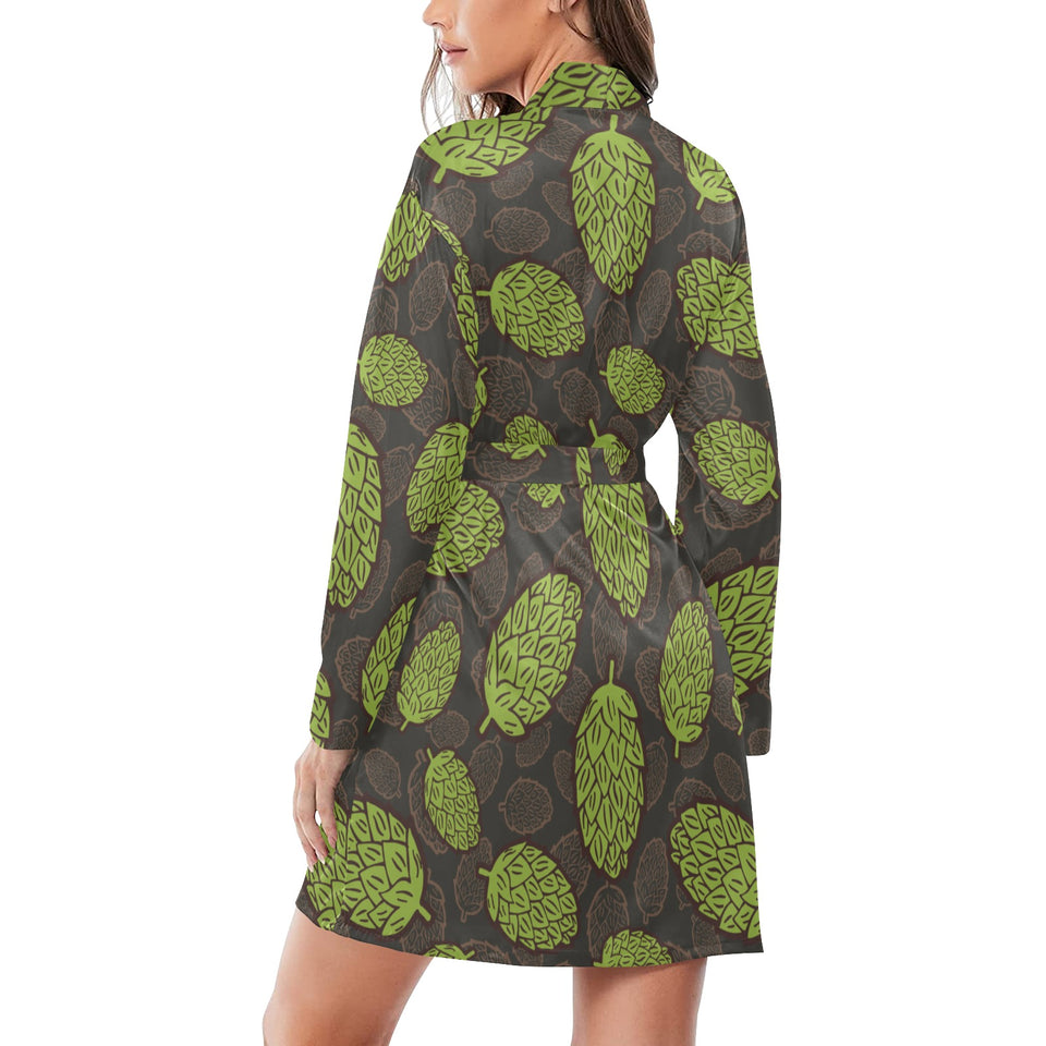 Hop pattern black background Women's Long Sleeve Belted Night Robe