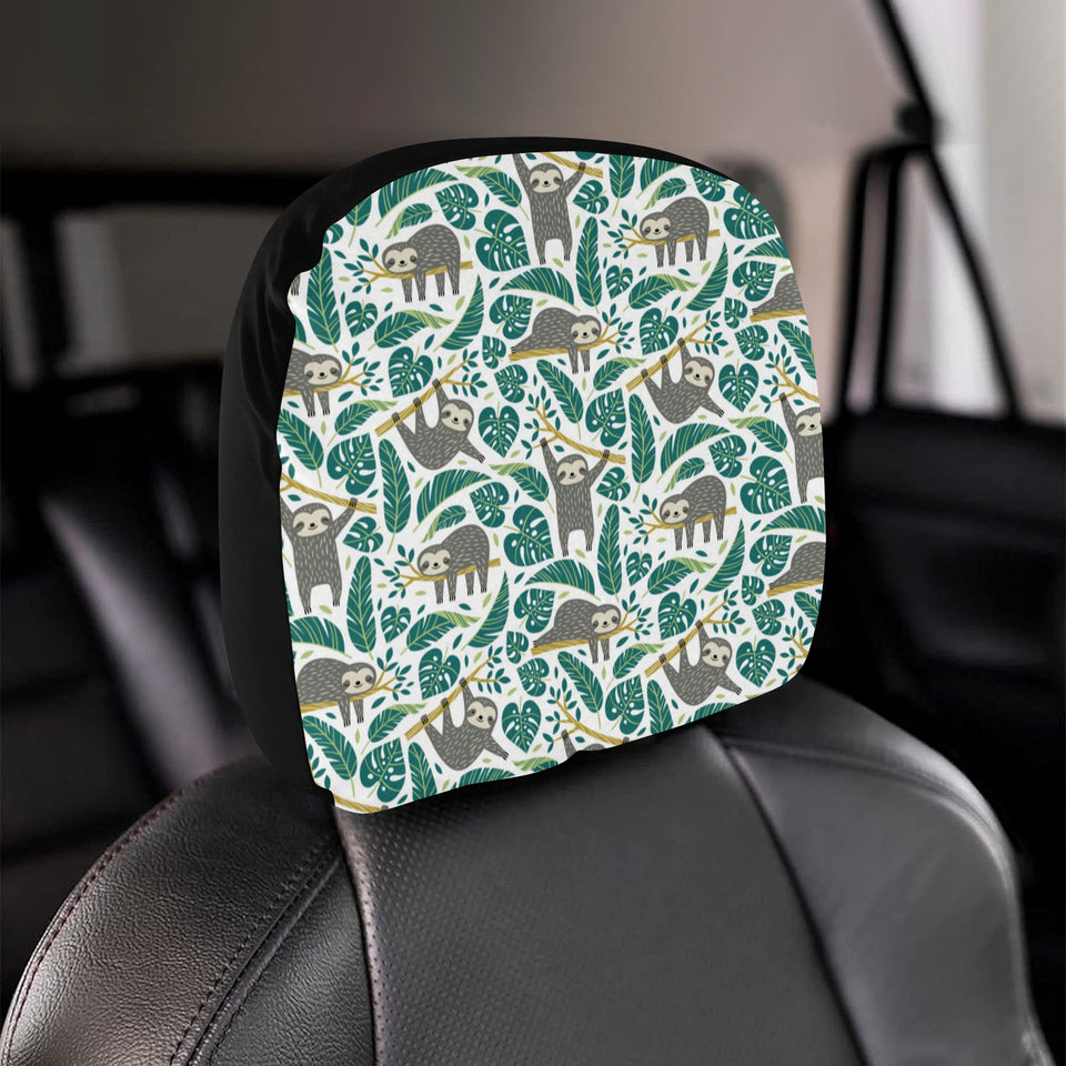 Cute sloths tropical palm leaves white background Car Headrest Cover