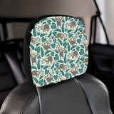Cute sloths tropical palm leaves white background Car Headrest Cover