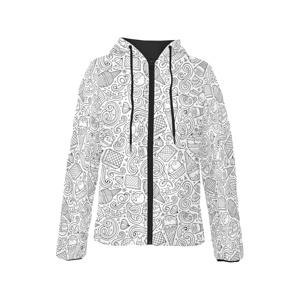Cartoon hand drawn ice cream black white Women's Padded Hooded Jacket