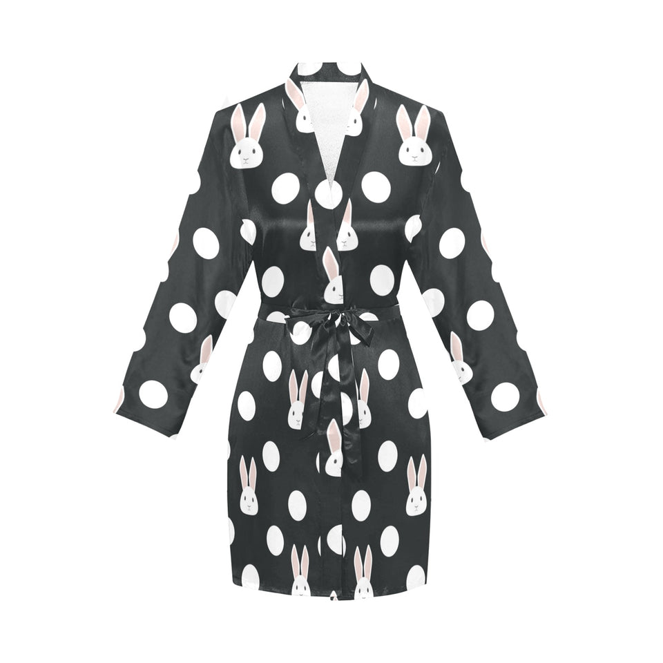 Cute white rabbit polka dots black background Women's Long Sleeve Belted Night Robe