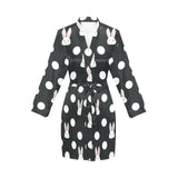 Cute white rabbit polka dots black background Women's Long Sleeve Belted Night Robe