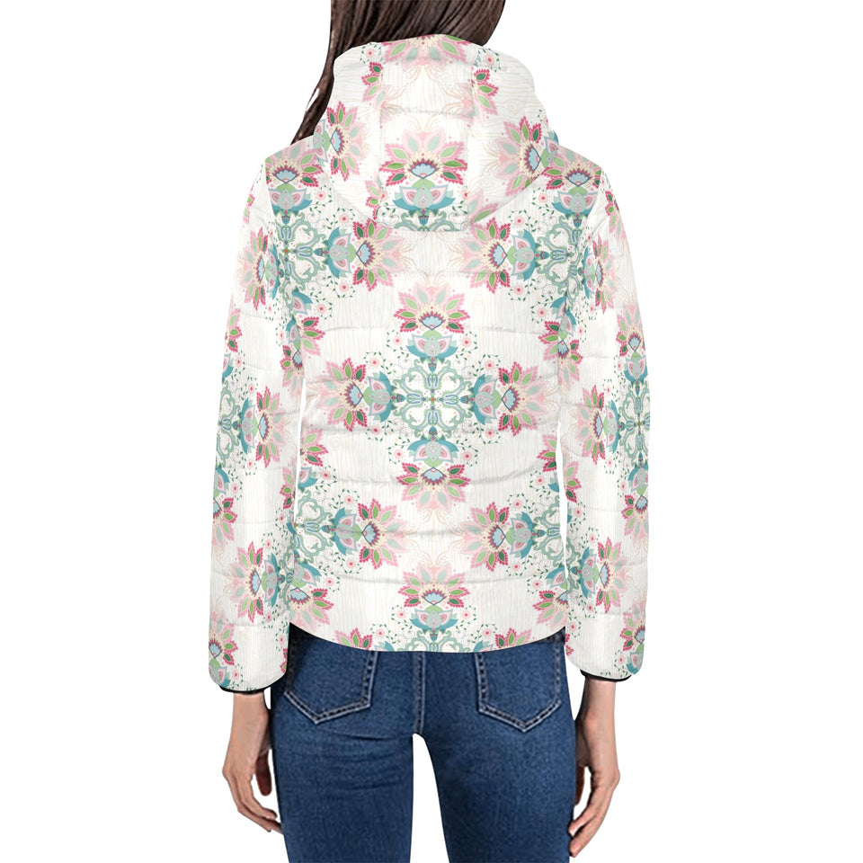 Square floral indian flower pattern Women's Padded Hooded Jacket