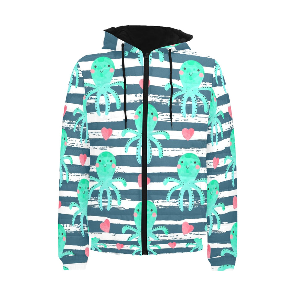 Cute octopuses heart striped background Men's Padded Hooded Jacket