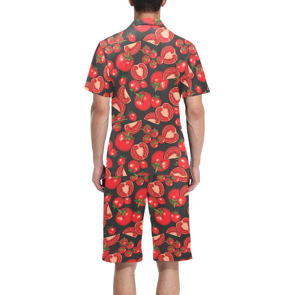 Tomato black background Men's V-Neck Short Pajama Set