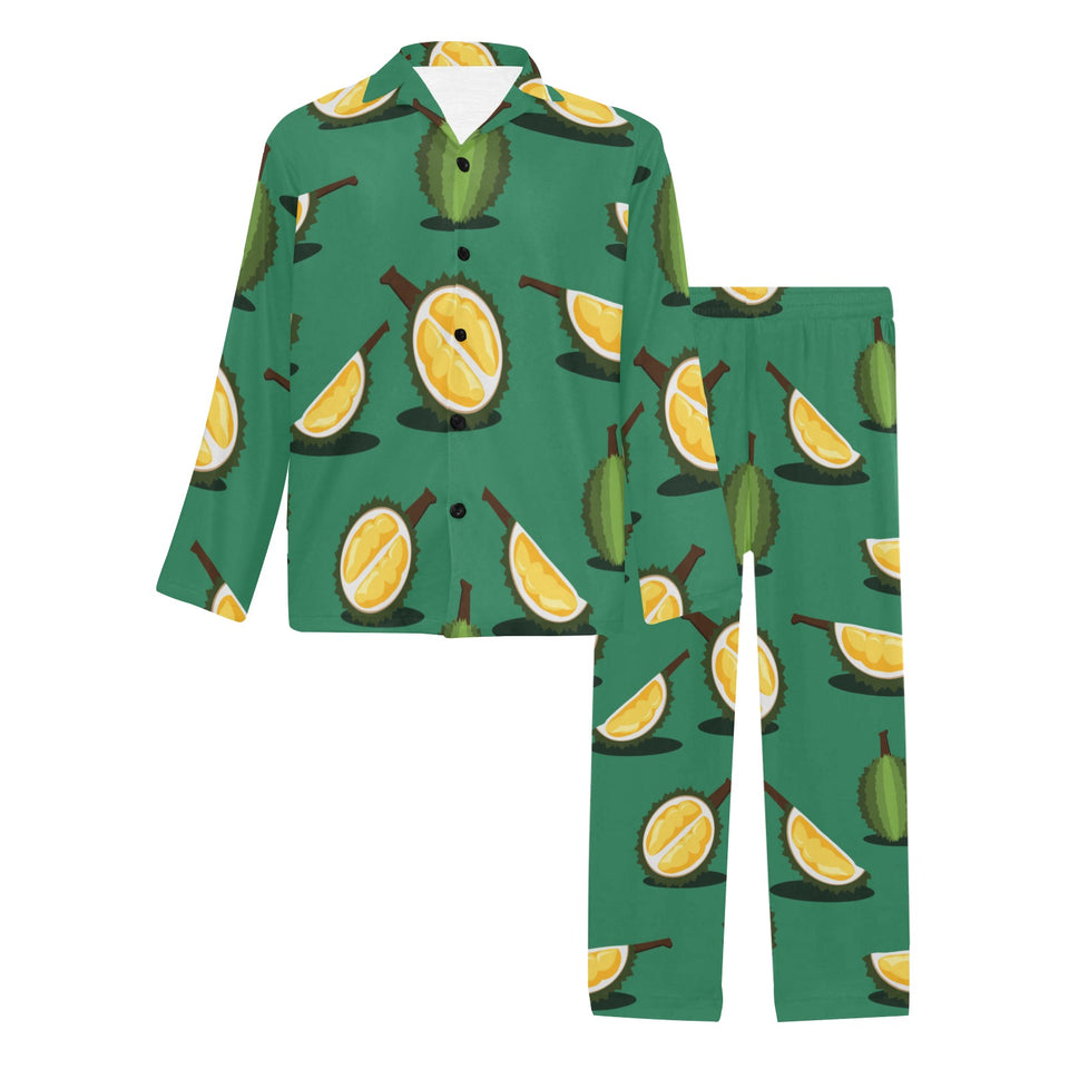 Durian pattern green background Men's Long Pajama Set