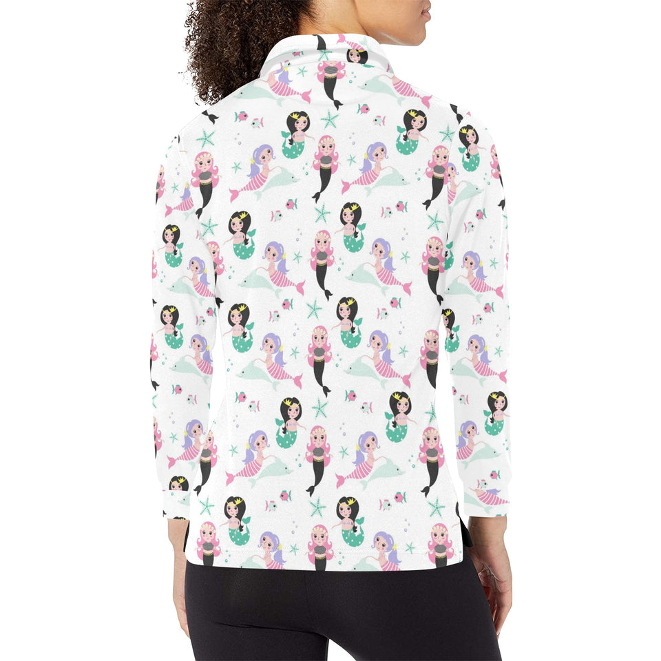 cute mermaid dolphin fish starfish pattern Women's Long Sleeve Polo Shirt
