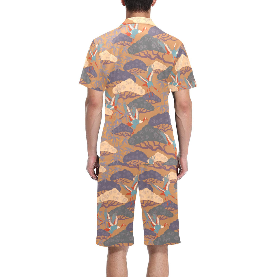 Bonsai bamboo stork japanese pattern brown theme Men's V-Neck Short Pajama Set