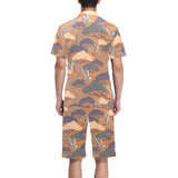 Bonsai bamboo stork japanese pattern brown theme Men's V-Neck Short Pajama Set