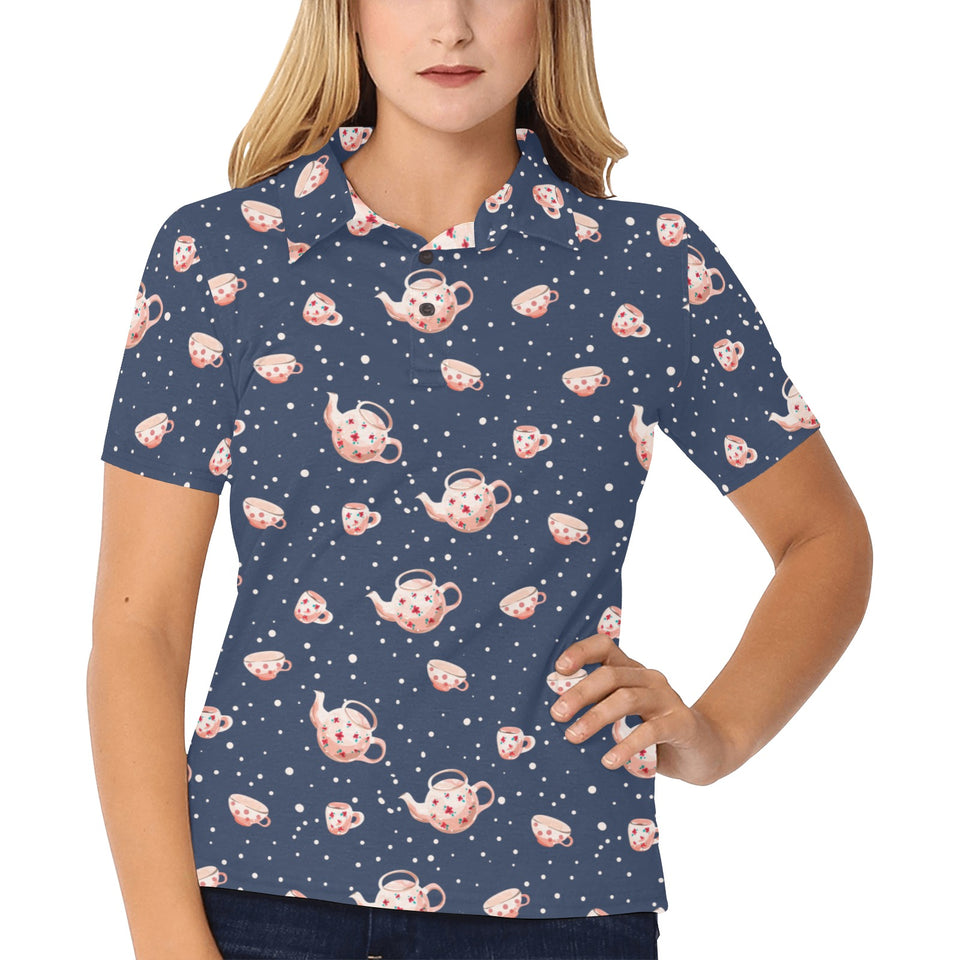 Tea pots Pattern Print Design 04 Women's All Over Print Polo Shirt