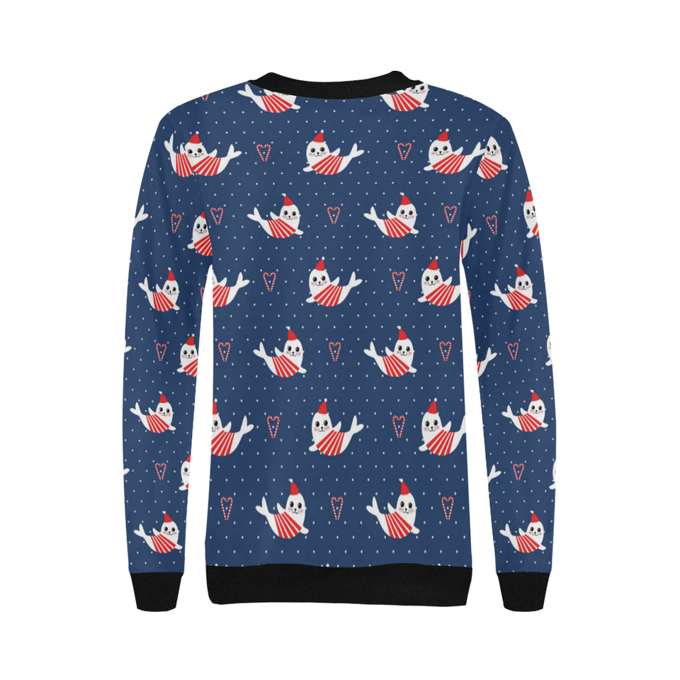 Cute sea lion seal christmas hat candy cane heart Women's Crew Neck Sweatshirt