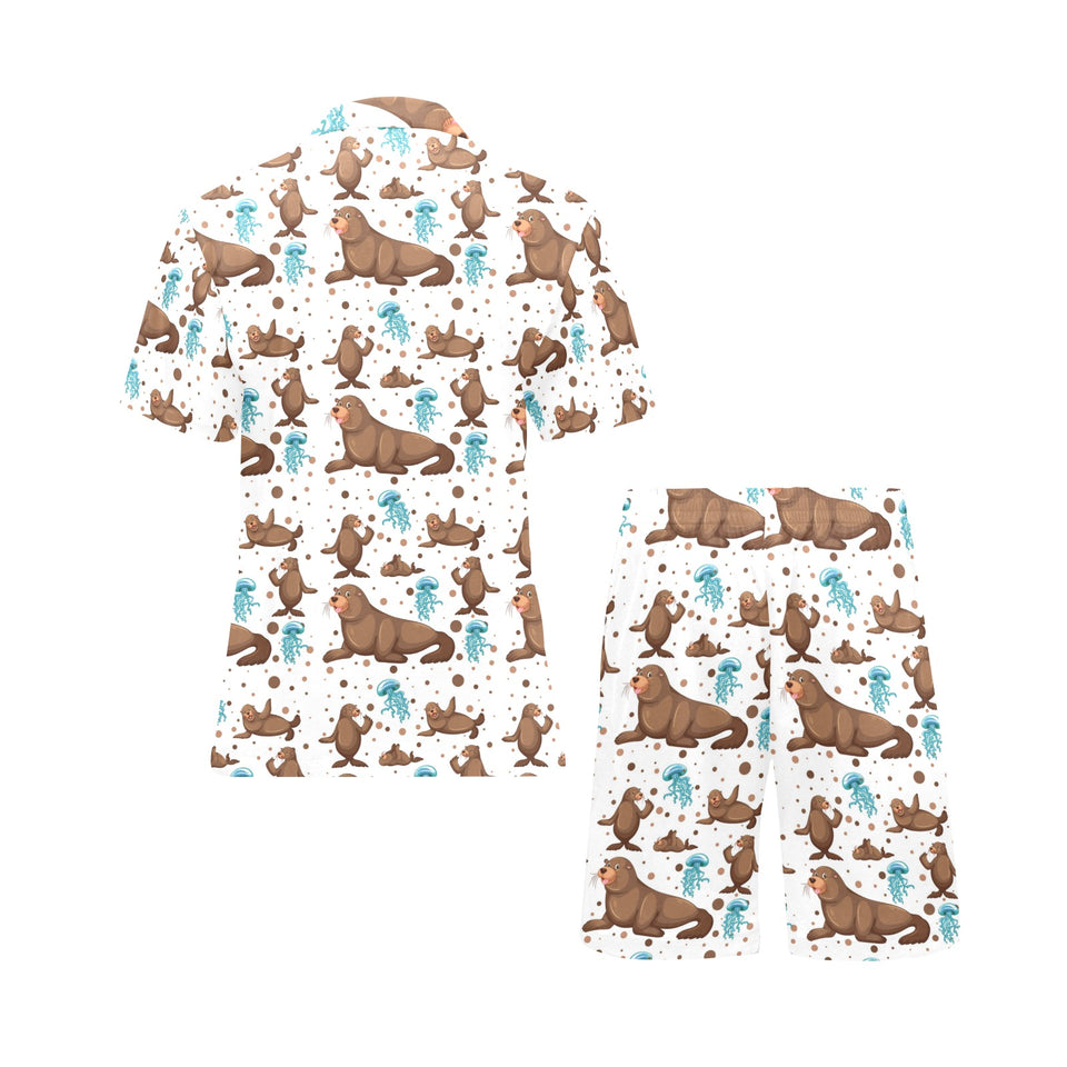 sea lion Seals jellyfish pattern Men's V-Neck Short Pajama Set