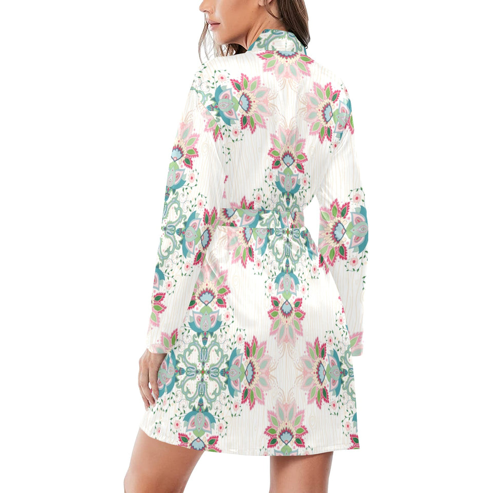 Square floral indian flower pattern Women's Long Sleeve Belted Night Robe