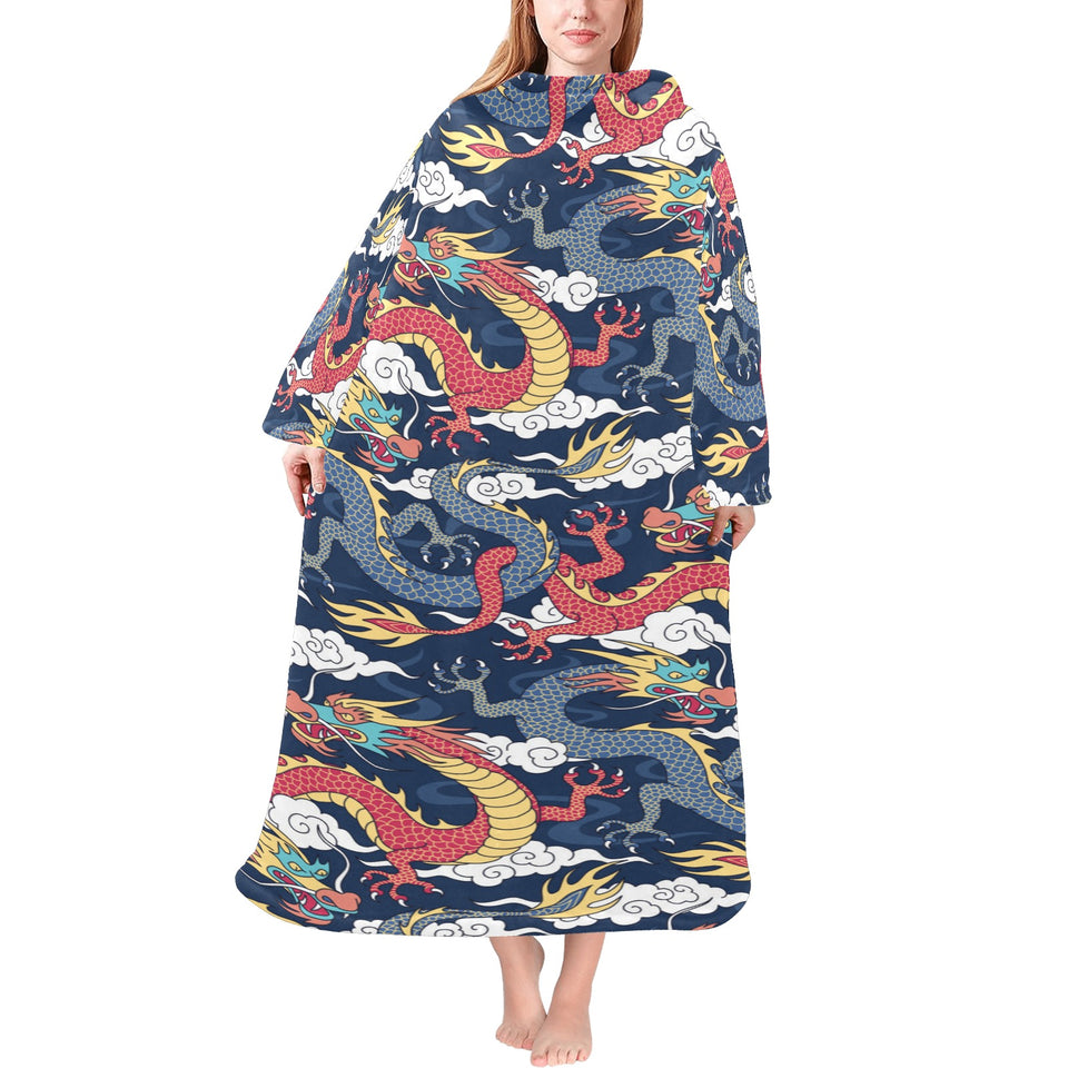 Blue red dragon cloud pattern Blanket Robe with Sleeves