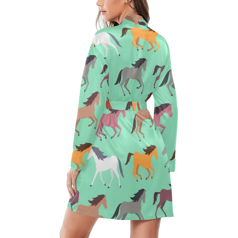 Colorful horses pattern Women's Long Sleeve Belted Night Robe