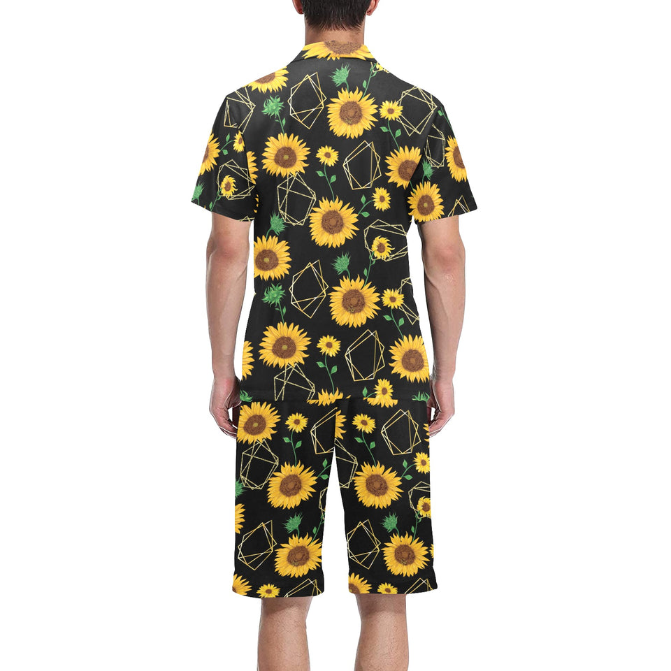 sunflower golden polygonal shapes Men's V-Neck Short Pajama Set