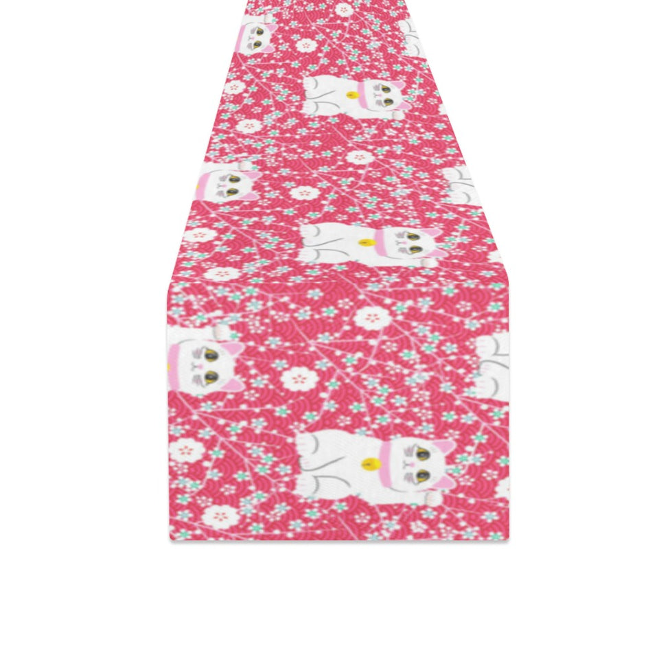 Maneki neko cat sakura pink background Table Runner