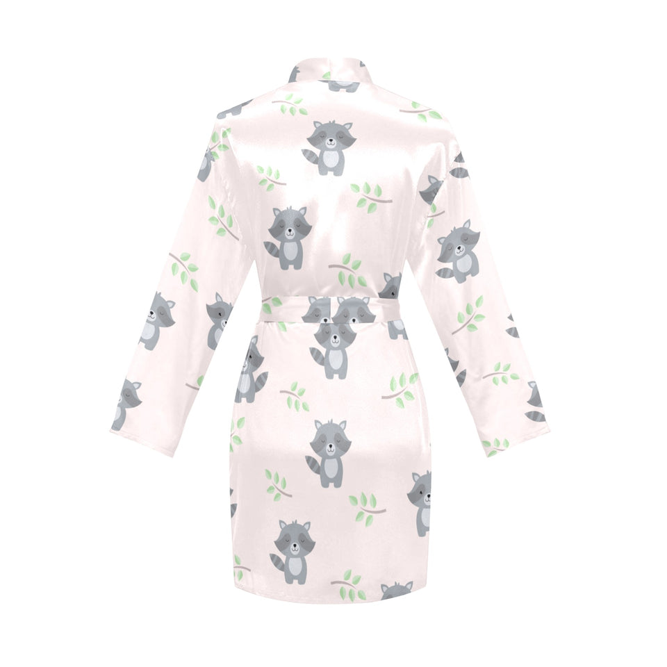 cute raccoons leaves pattern Women's Long Sleeve Belted Night Robe
