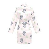 cute raccoons leaves pattern Women's Long Sleeve Belted Night Robe