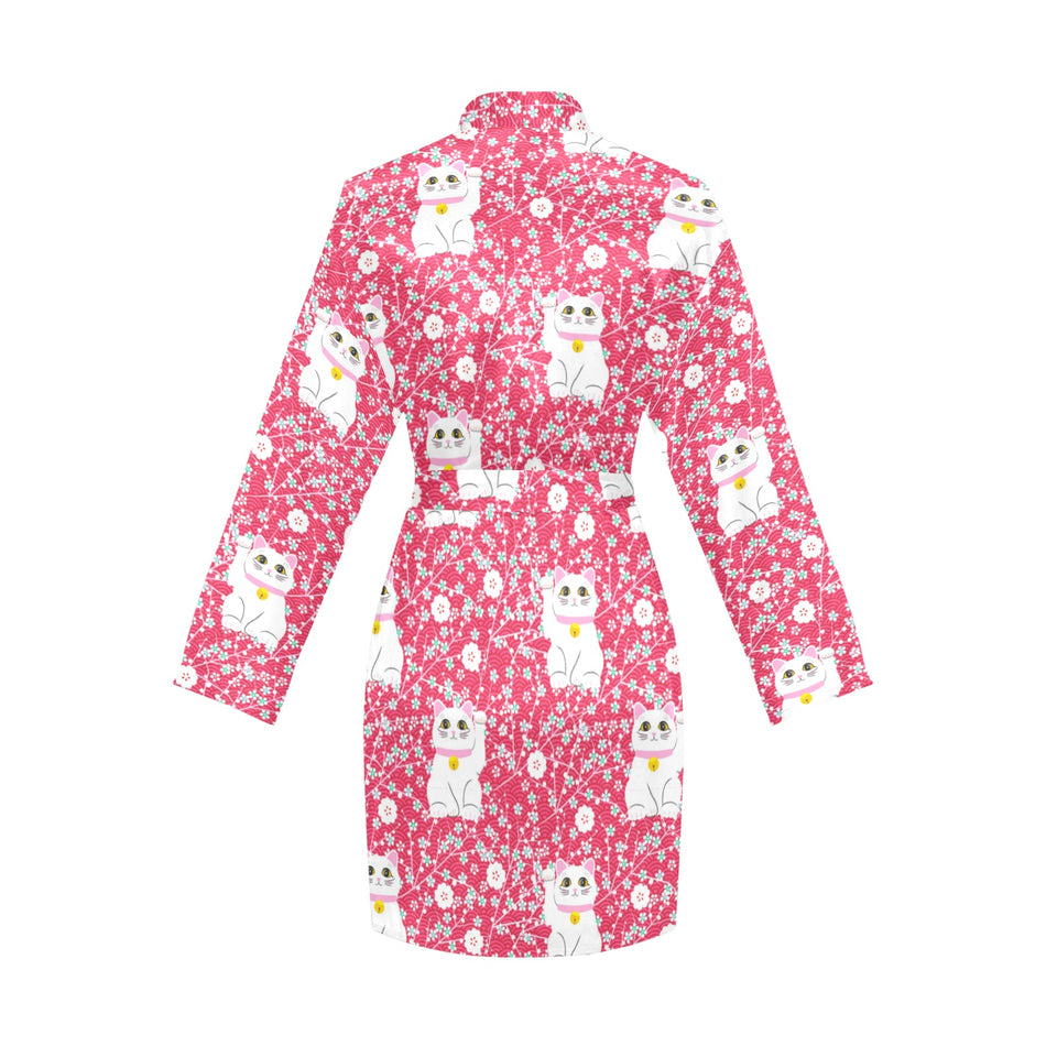 Maneki neko cat sakura pink background Women's Long Sleeve Belted Night Robe